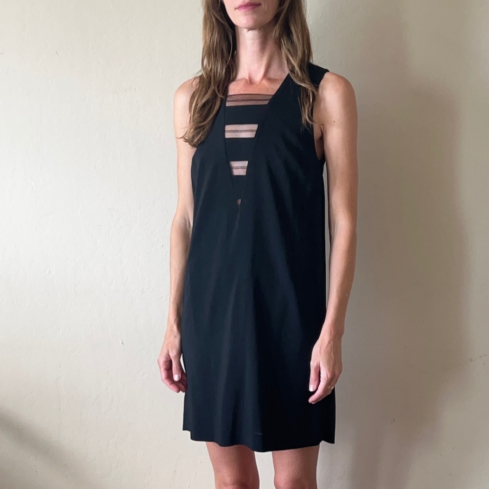 Tocca Emma Fletcher black wool mini dress with lace inset